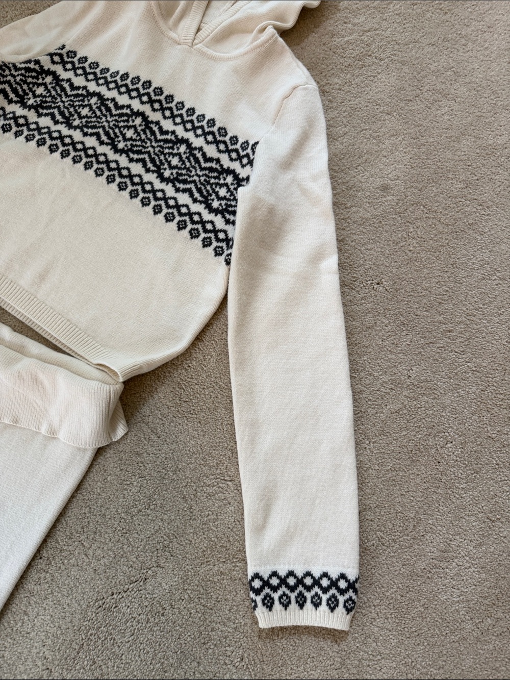 aerie Cream Knit Hoodie Set with Black Fair Isle Trim - Picture 4 of 10